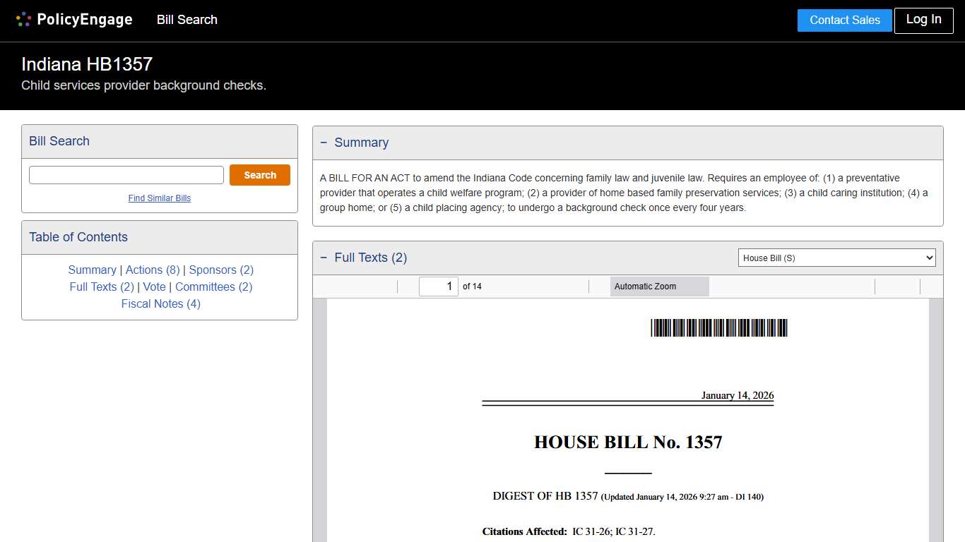 HB1357 Indiana 2026 Child services provider background checks. - Legislative Tracking PolicyEngage